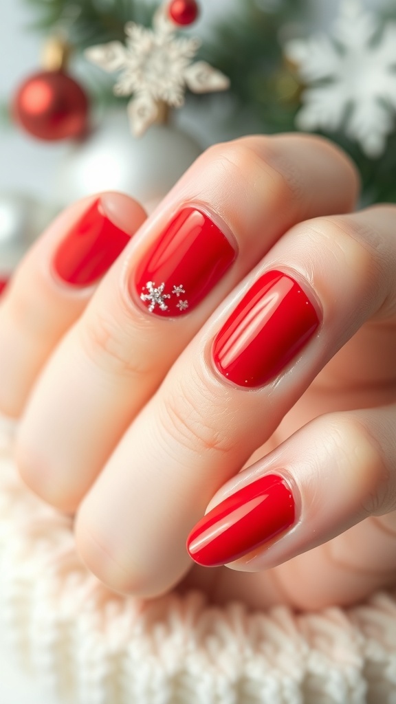 Short Christmas red nails with glitter accents and festive designs on a winter-themed background.